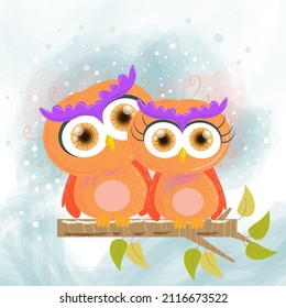 Draw a romantic and cute couple of owls with watercolor