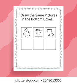 Draw the Same Pictures Activity Worksheet for Kids, sock,Christmas tree,gift, Vector Illustration