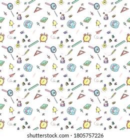 Draw school supplies daily life seamless repeating pattern