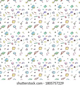 Draw school supplies daily life seamless repeating pattern