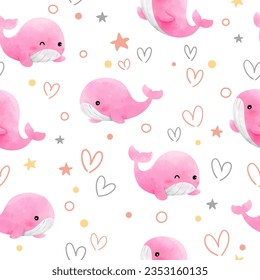 Draw seamless background cute baby pink whalel For baby shower Greeting card Clothing kids