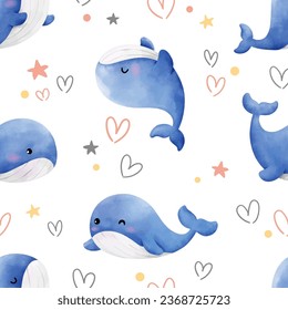 Draw seamless background cute baby blue whalel For baby shower Greeting card Clothing kids