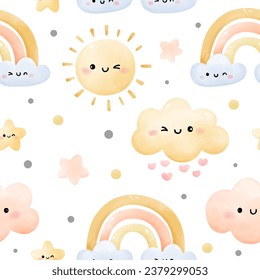 Draw seamless background cute rainbow sun cloud Weather concept For baby shower Greeting card Clothing kids