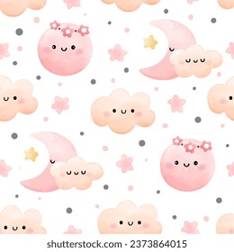 Draw seamless background pink moon sweet cloud star Weather concept For baby shower Greeting card Clothing kids