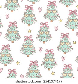 Draw seamless pastel christmas tree with pink bow Printable for fabric Digital paper