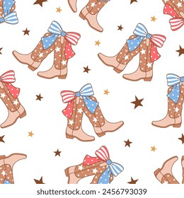 Draw seamless pattern american coquette cowgirl boots 4 th of july