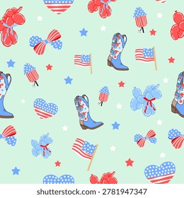 Draw seamless pattern american coquette cowgirl boots 4 th of july	