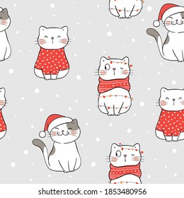 Draw seamless pattern background adorable cat for winter Christmas and New year.Doodle style.