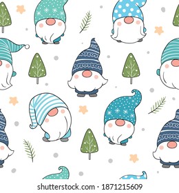 Draw Seamless Pattern Background Adorable Gnome With Element On White For Winter Fabric Print.