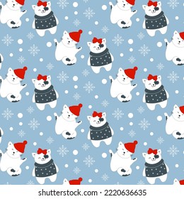 Draw seamless pattern background adorable cat for winter Christmas and New year.Doodle style.