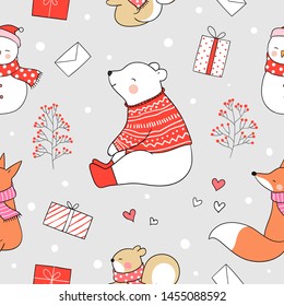 Draw seamless pattern background animal and gift box in snow for Christmas and new year.Doodle cartoon style.