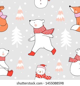 Draw seamless pattern background animal box in snow for Christmas and new year.Doodle cartoon style.