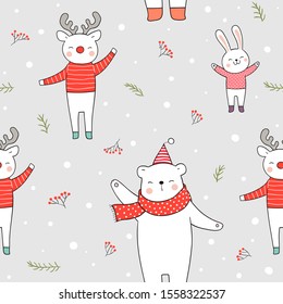 Draw seamless pattern background animal in snow for Christmas and new year.Doodle cartoon style.