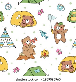 Draw seamless pattern background bear camping Summer camp Printable for kids Doodle style