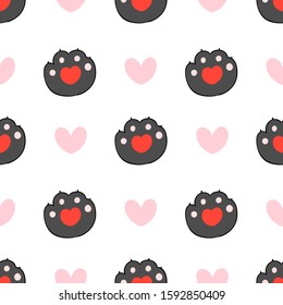 Draw seamless pattern background cat paws with pink heart on white for Valentine's day.Doodle cartoon style.