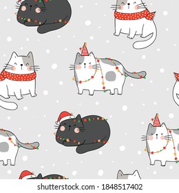 Draw seamless pattern background cat in snow for winter Christmas and New year.Doodle style.
