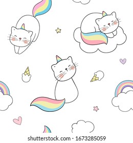 Draw seamless pattern background caticorn with clouds and a rainbow on white.Doodle cartoon style.