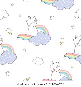 Draw seamless pattern background caticorn sitting on clouds and a rainbow.Doodle cartoon style.