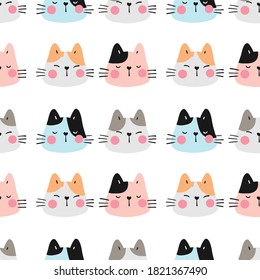 Draw seamless pattern background colorful head of cat on white.