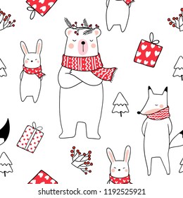 Draw seamless pattern background cute animal bear fox and rabbit on white.Doodle cartoon style.