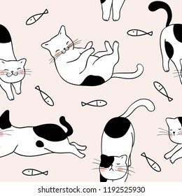 Draw seamless pattern background cute cat.Doodle cartoon style.