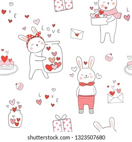 Draw seamless pattern background cute rabbit with red heart for valentine day.Doodle cartoon style.