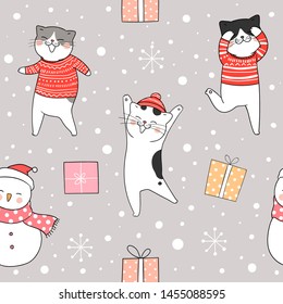 Draw seamless pattern background cute cat in snow for Christmas and new year.Doodle cartoon style.