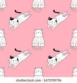 Draw seamless pattern background cute cat on pink pastel.Doodle cartoon style.