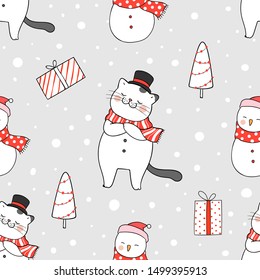 Draw seamless pattern background cute cat in snow for Christmas and new year.Doodle cartoon style.