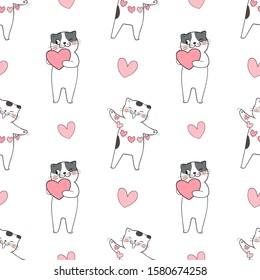 Draw seamless pattern background cute cat with little heart for Valentine's day.Doodle cartoon style.