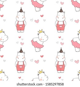 Draw seamless pattern background cute hippo with little heart on pink for Valentine's day.Doodle cartoon style.