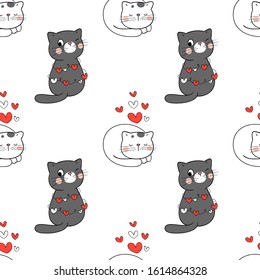 Draw seamless pattern background cute cat with heart on white for Valentine's day.Doodle cartoon style.