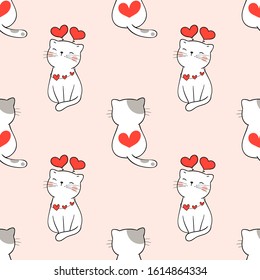 Draw seamless pattern background cute cat with heart on pastel for Valentine's day.Doodle cartoon style.