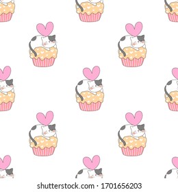 Draw seamless pattern background cute cat sleeping on cupcake.For birthday.Doodle cartoon style.
