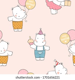 Draw seamless pattern background cute hippopotamus with balloon and cupcake.For birthday on pink pastel.Doodle cartoon style.