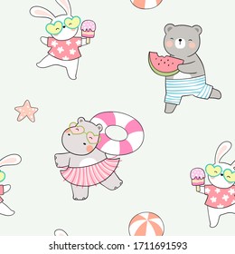 Draw seamless pattern background cute animal with ice cream watermelon and ball for summer season.Doodle cartoon style.
