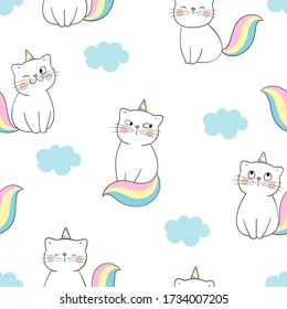 Draw seamless pattern background cute cat like unicorn with blue cloud on white for print,fabric,card.Doodle cartoon style.