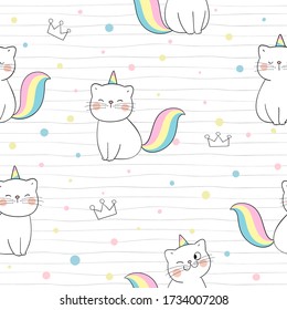 Draw seamless pattern background cute cat like unicorn on white for print,fabric,card.Doodle cartoon style.