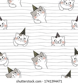 Draw seamless pattern background cute cat in Halloween day.Doodle cartoon style.