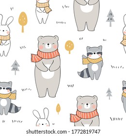 Draw seamless pattern background cute animals in forest for autumn season.Doodle cartoon style.