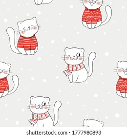 Draw seamless pattern background cute cat in snow for winter.Doodle cartoon style.