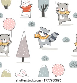 Draw seamless pattern background cute animals bear rabbit and raccoon in forest for winter.Doodle cartoon style.