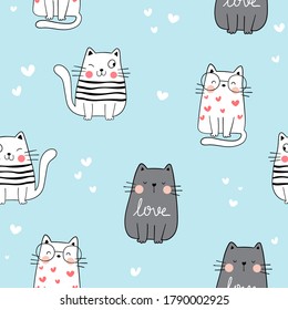 Draw seamless pattern background cute cat on blue color.Doodle cartoon style.