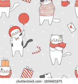 Draw seamless pattern background cute cat in snow For Christmas Winter and New year.Doodle cartoon style.