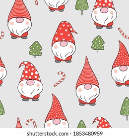 Draw seamless pattern background cute gnome in snow for winter Christmas and New year.