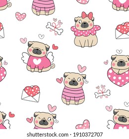 Draw seamless pattern background cute pug dog for Valentine day. Doodle style.