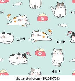 Draw seamless pattern background cute cat on green pastel. Doodle style.