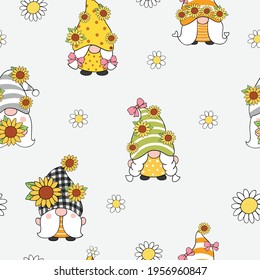 Dibujar fondo de patrón sin fisuras lindo gnome con girasol para el verano y primavera estilo Doodle