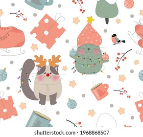 Draw a seamless pattern background with a cute cats pattern for printing fabric for Christmas and New Year.