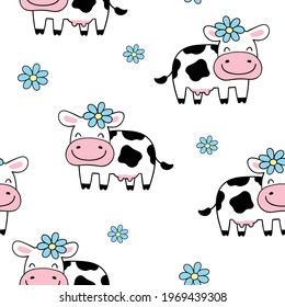 Draw seamless pattern background cute cow with flower for spring Doodle cartoon style